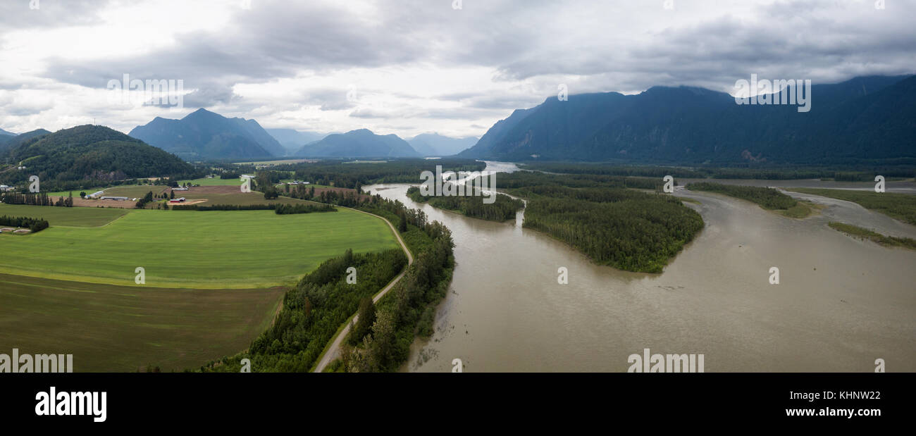 Aerial view of the Farm lands, fraser river and the beautiful mountain