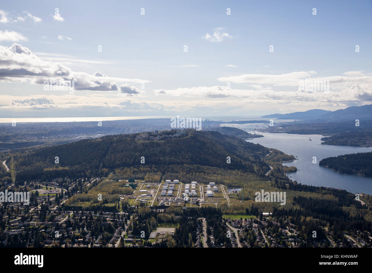 Aerial view of Burnaby Mountain with Vancouver City in the Background ...