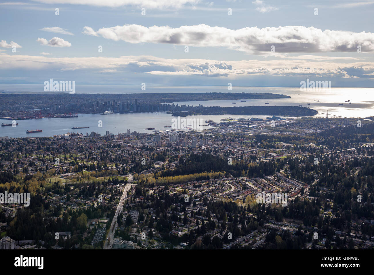 Aerial view of North Vancouver with Stanley Park and Downtown in the Background. Taken in Britiish Columbia, Canada. Stock Photo