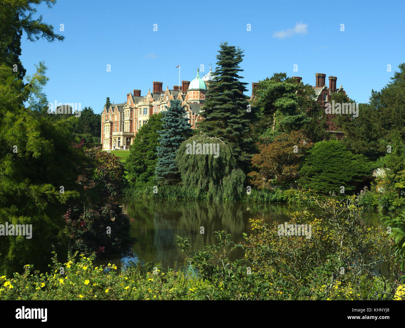 SANDRINGHAM HOUSE, NORFOLK, ENGLAND - AUGUST 10, 2017: A view of the house and grounds at Queen Elizabeth II's Sandringham Estate. Stock Photo