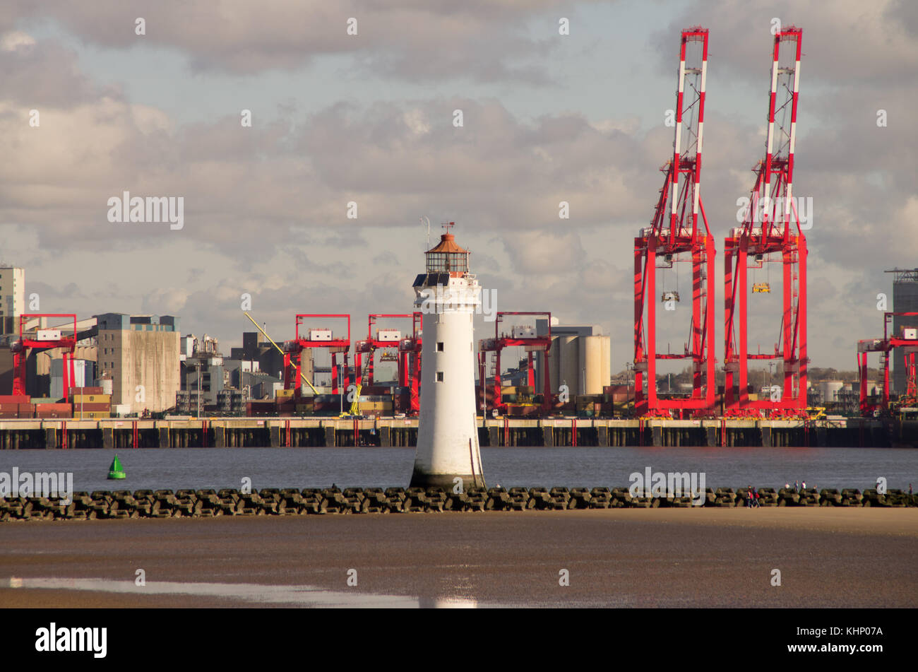 Royal Seaforth Dock Liverpool and Perch Rock lighthouse New Brighton Stock Photo