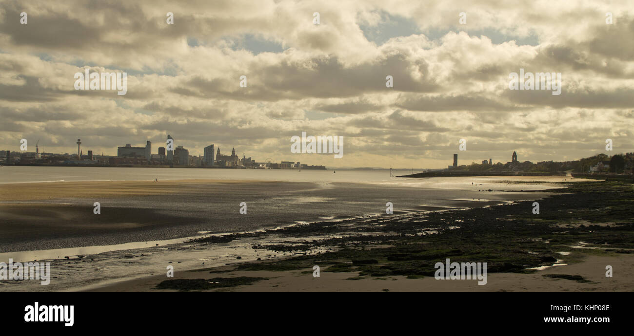 Liverpool waterfront and Wallasey from New Brighton Stock Photo