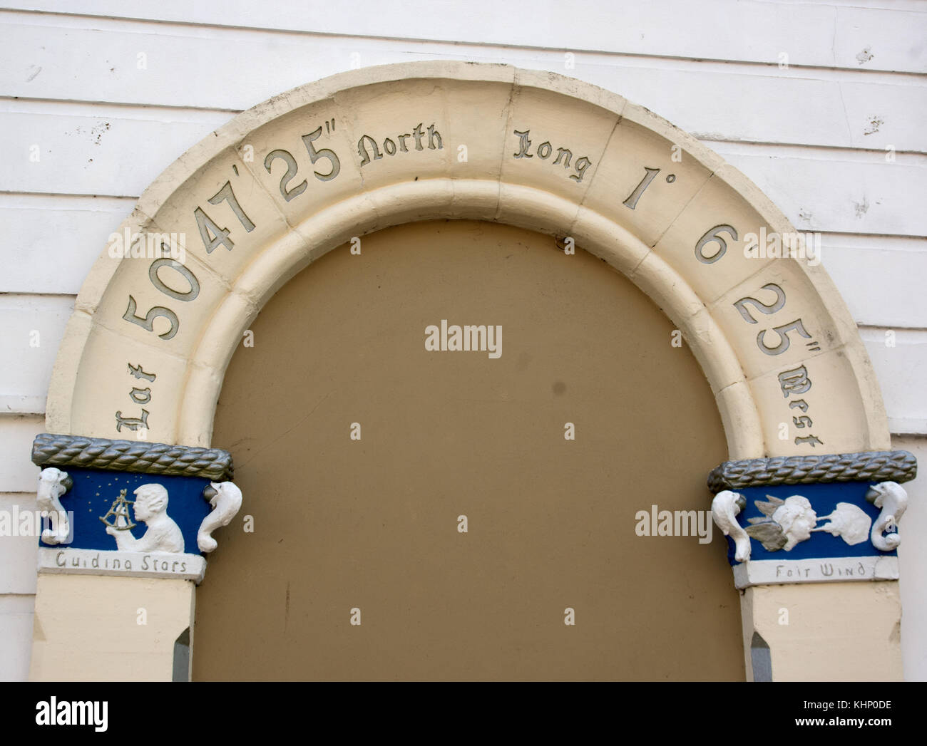 Former enrtance arch giving latitude and longitude, in Portsmouth. Stock Photo