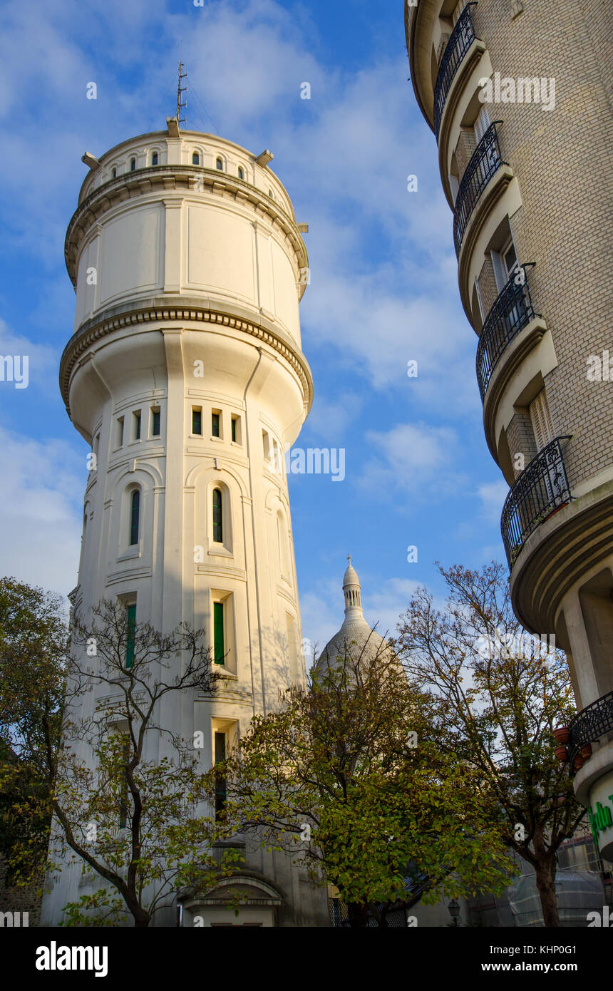 Paris, France. Chateau d'Eau de Montmartre in Square Claude Charpentier - water tower, built 1927. 700m3 capacity, supplying the homes on top of the h Stock Photo