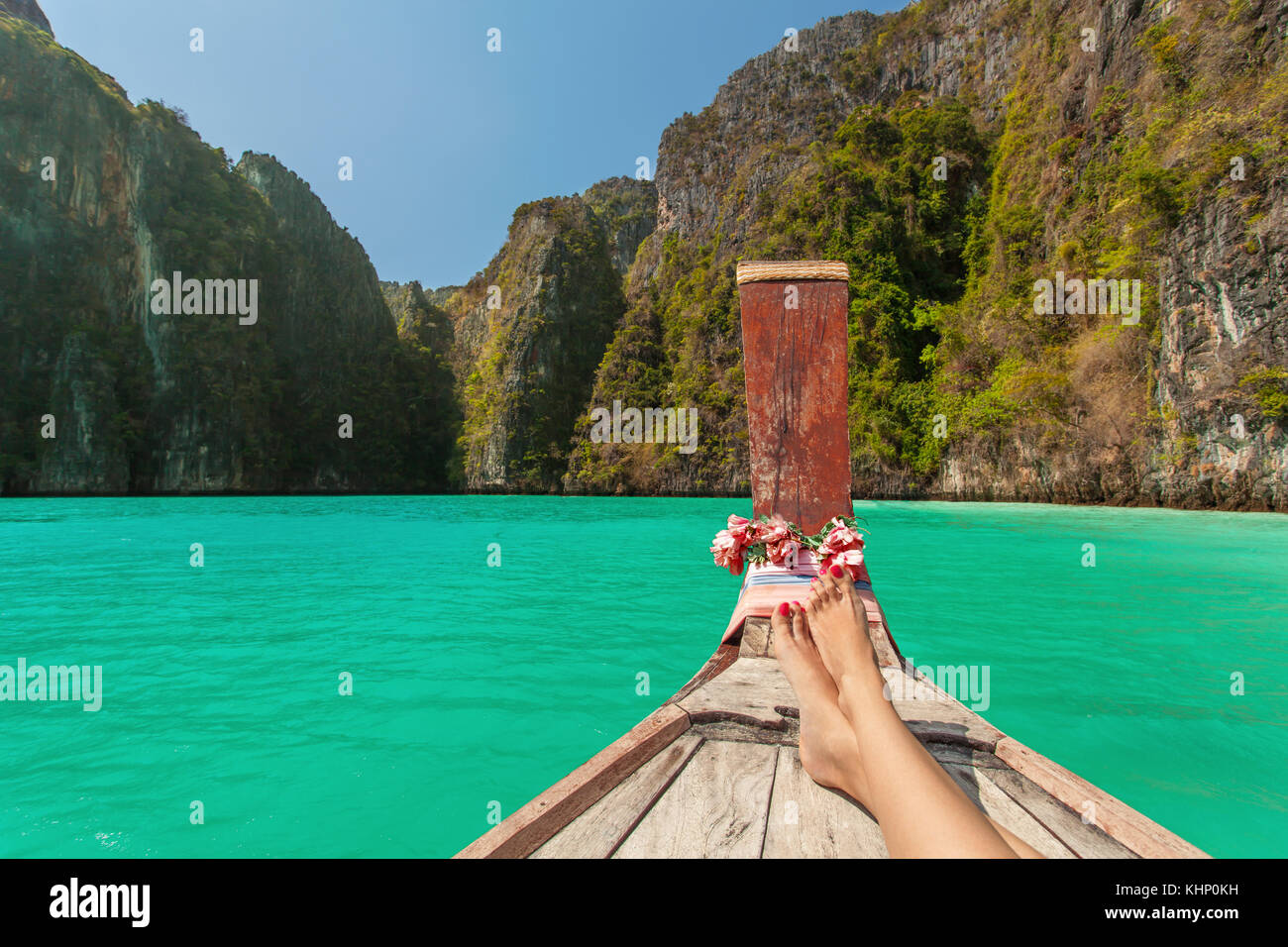 First person view from boat to a Pileh Lagoon in Ko Phi Phi Lee Thailand Stock Photo
