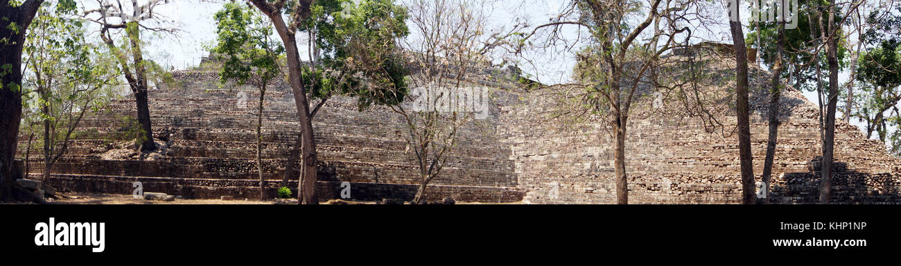Panorama of mayan pyramids and trees in Copan, Honduras Stock Photo