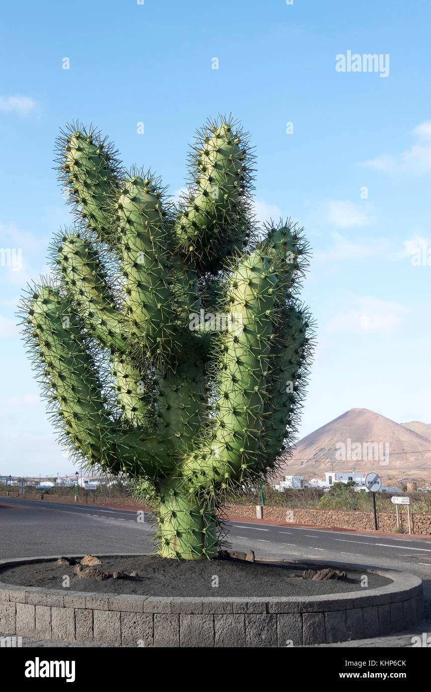 Giant 8 metre Cactus sculpture outside Cactus Garden visitor attraction iin Lanzarote, Canary Islands. Stock Photo