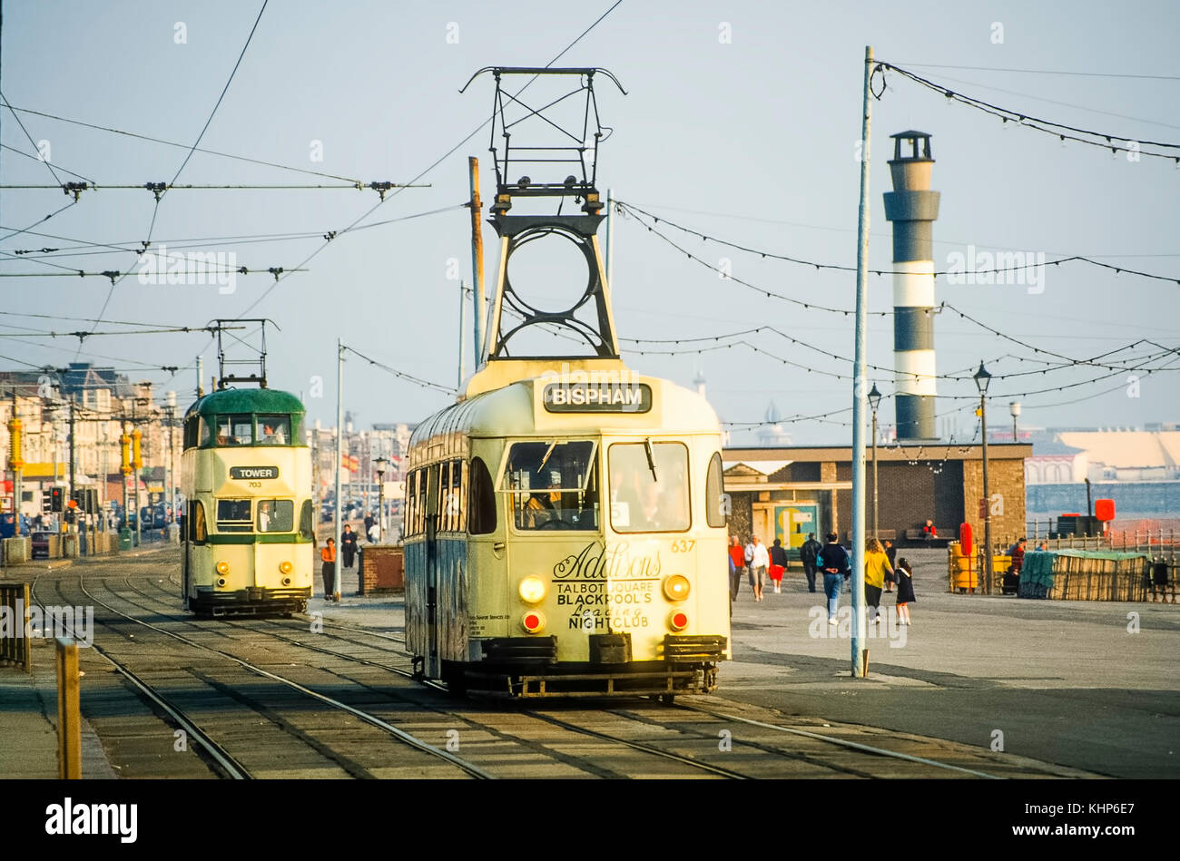 Tramcars on promenade at Blackpool. Stock Photo