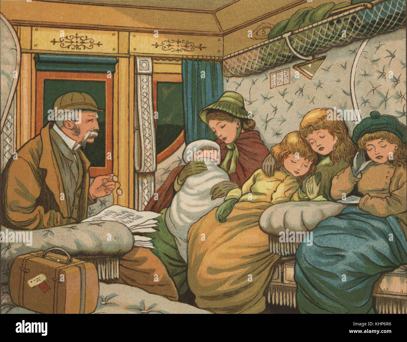 Victorian family in a carriage on the train from Paris to Calais, France. Colour woodblock after an illustration by Thomas Crane and Ellen Houghton from Abroad, Marcus Ward, London, 1882. Stock Photo