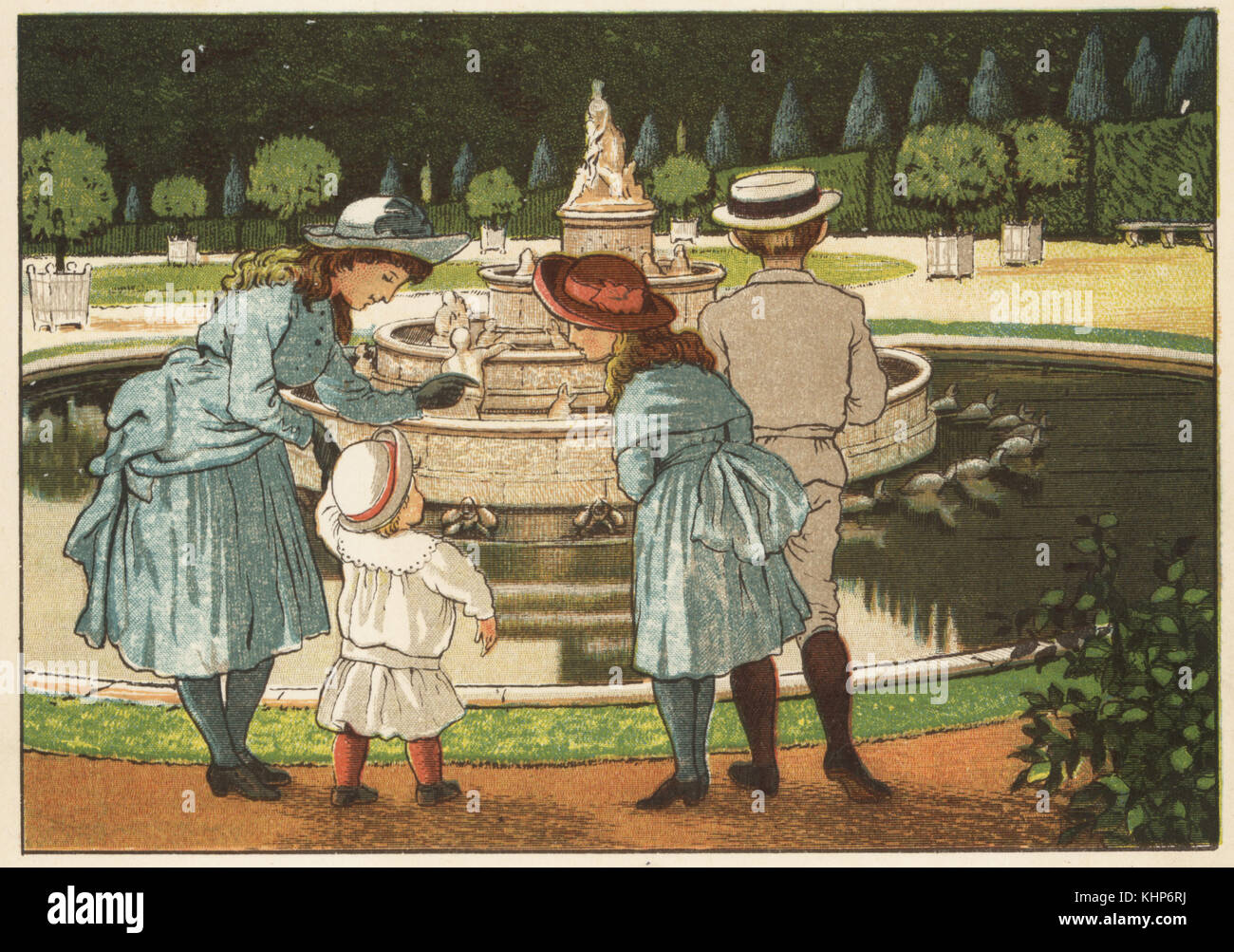 Victorian children at the fountains in the gardens of the Palace of Versailles, France. Colour woodblock after an illustration by Thomas Crane and Ellen Houghton from Abroad, Marcus Ward, London, 1882. Stock Photo