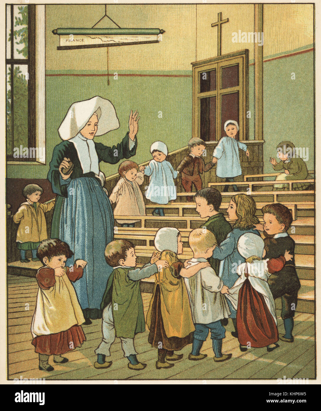 Poor Victorian children at the creche of Sister Rosalie in Rouen. Colour woodblock after an illustration by Thomas Crane and Ellen Houghton from Abroad, Marcus Ward, London, 1882. Stock Photo