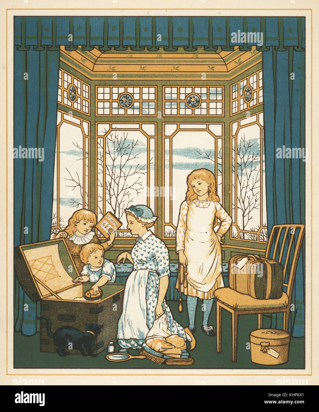 Victorian children with a maid packing their luggage for a trip abroad. Colour woodblock after an illustration by Thomas Crane and Ellen Houghton from Abroad, Marcus Ward, London, 1882. Stock Photo