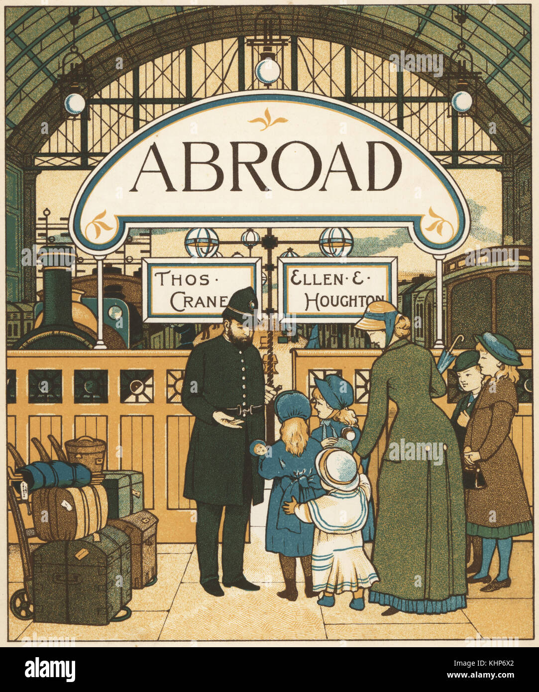 Title page showing a Victorian family at Charing Cross station before a journey abroad. Colour woodblock after an illustration by Thomas Crane and Ellen Houghton from Abroad, Marcus Ward, London, 1882. Stock Photo
