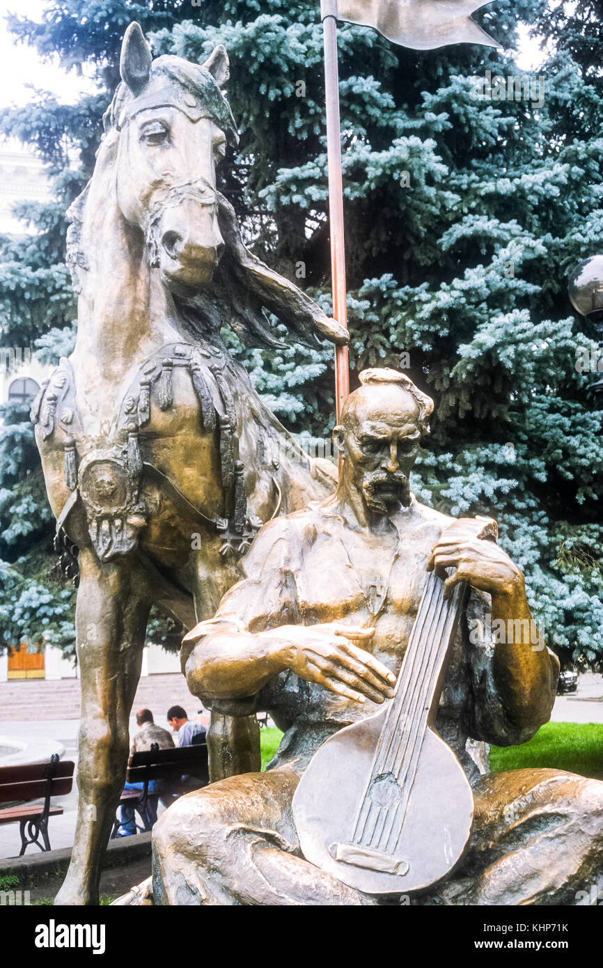 Monument/Statue of Ukrainian folk hero Cossack Mamay with horse  on Independence Square, Kiev, Ukraine. Stock Photo