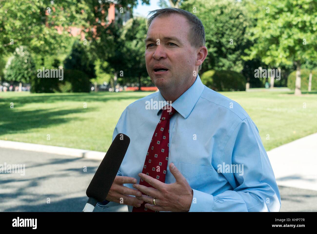 U.S. Director of the Office of Management and Budget Mick Mulvaney speaks to the media outside the West Wing of the White House July 25, 2017 in Washington, D.C. Stock Photo