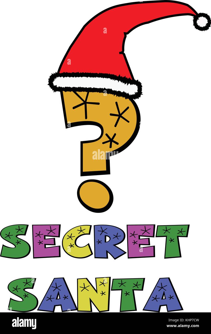 A cartoon style graphic of a quesion mark wearing a Santa hat to advertise Secret Santa. Stock Vector