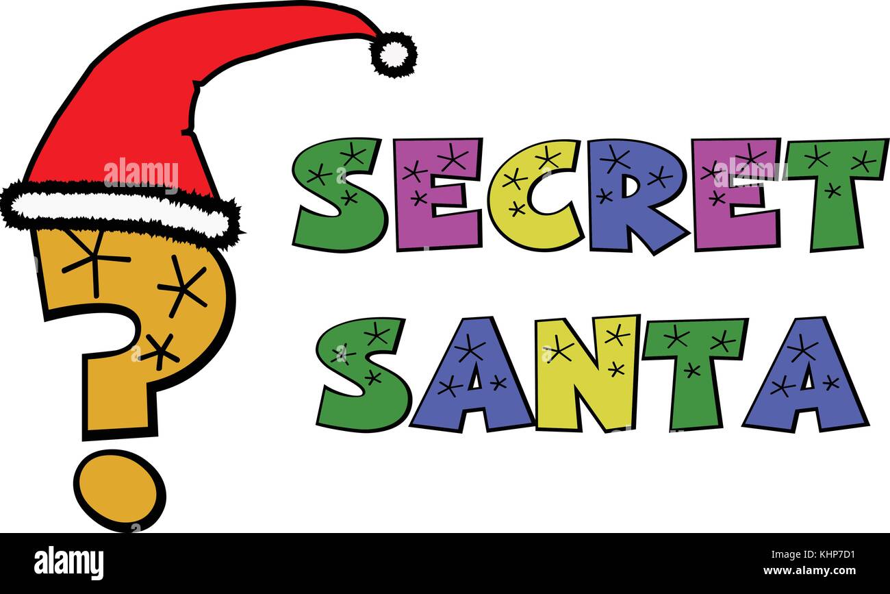 A cartoon style graphic of a quesion mark wearing a Santa hat to advertise Secret Santa. Stock Vector