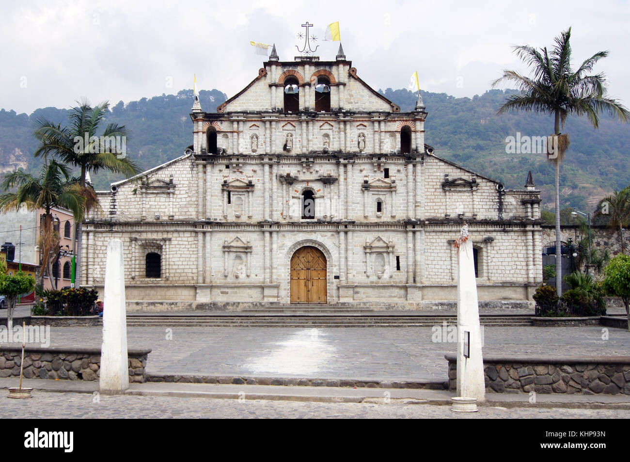 Square and old colonial church in Panajachel, lake Atitlan region, Guatemala Stock Photo