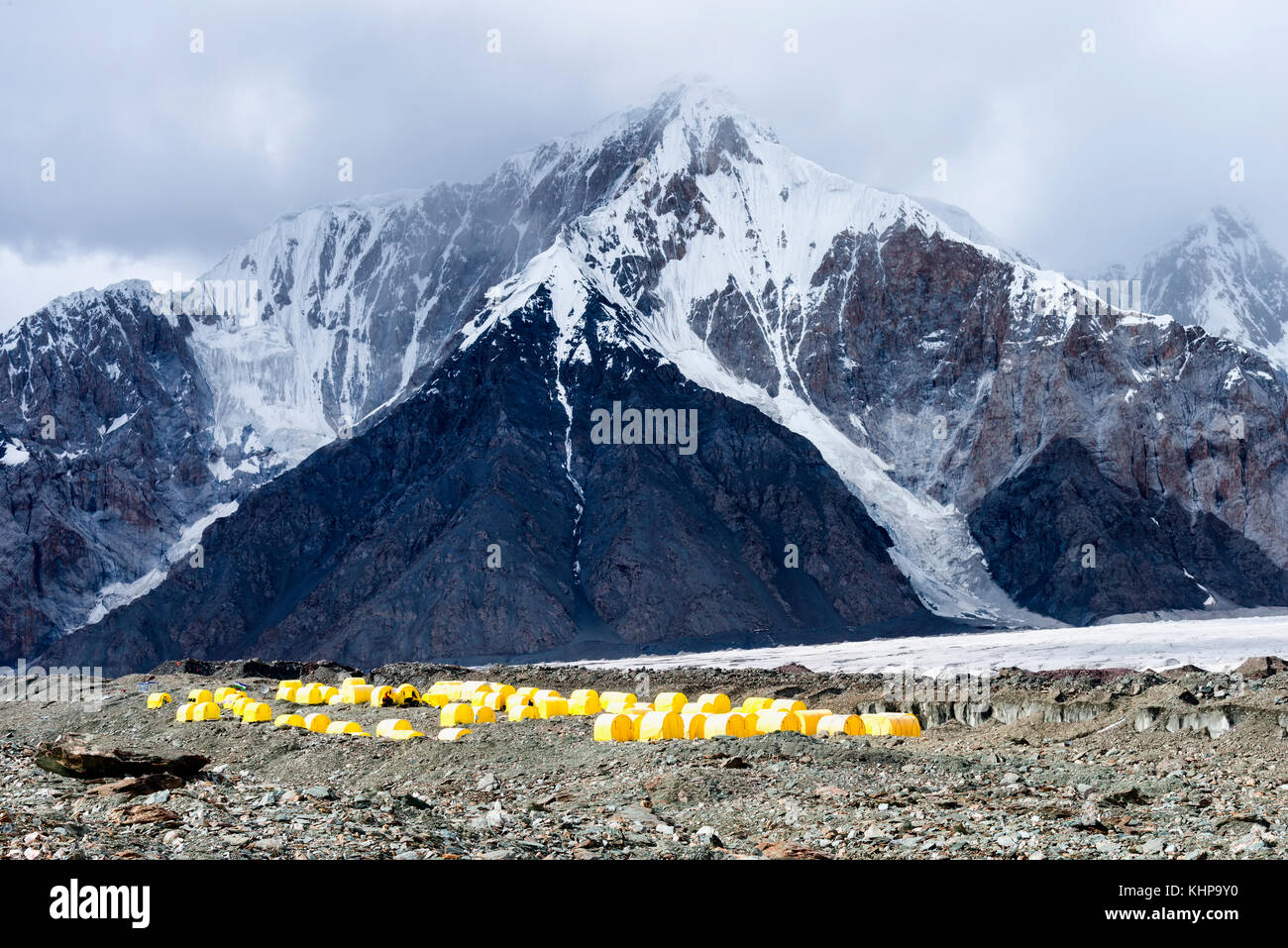 Khan Tengri Base Camp, Central Tian Shan Mountain range, Border of Kyrgyzstan and China, Kyrgyzstan Stock Photo