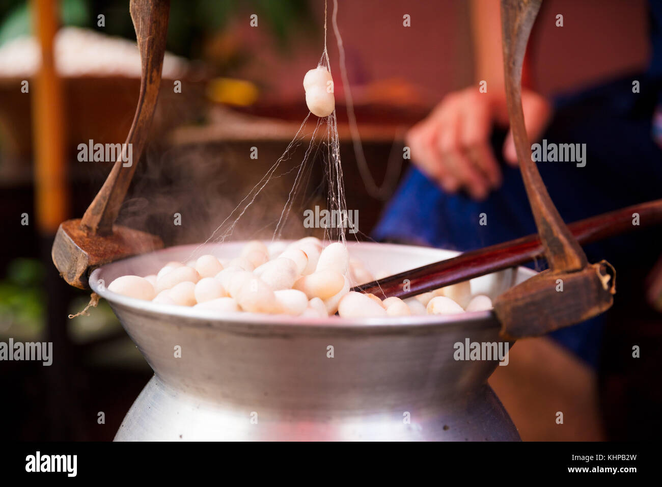 Silk Cocoons Boiling In Large Pot Stock Photo