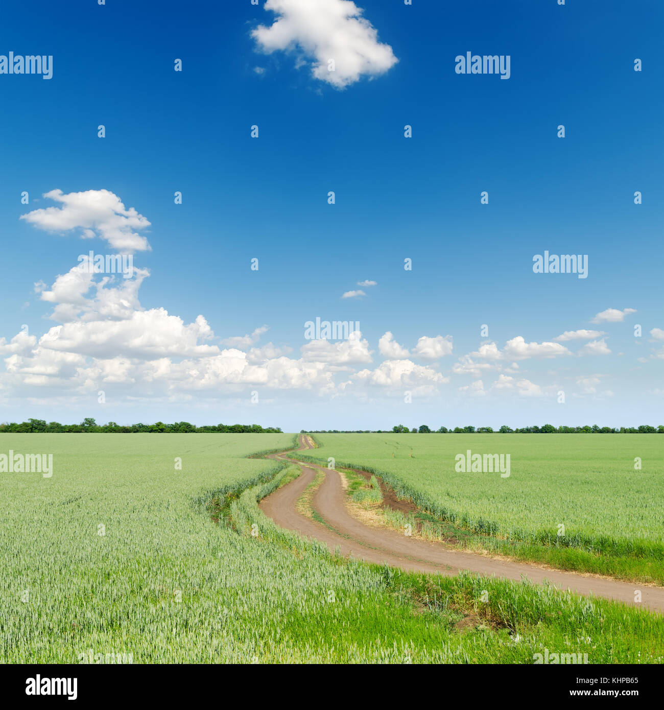 green fields with road under deep blue cloudy sky Stock Photo - Alamy