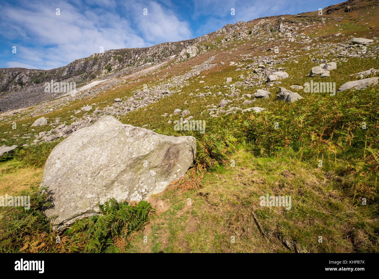 Large schist boulder by the miners village in Glendalough, Wicklow mountains, Ireland Stock Photo