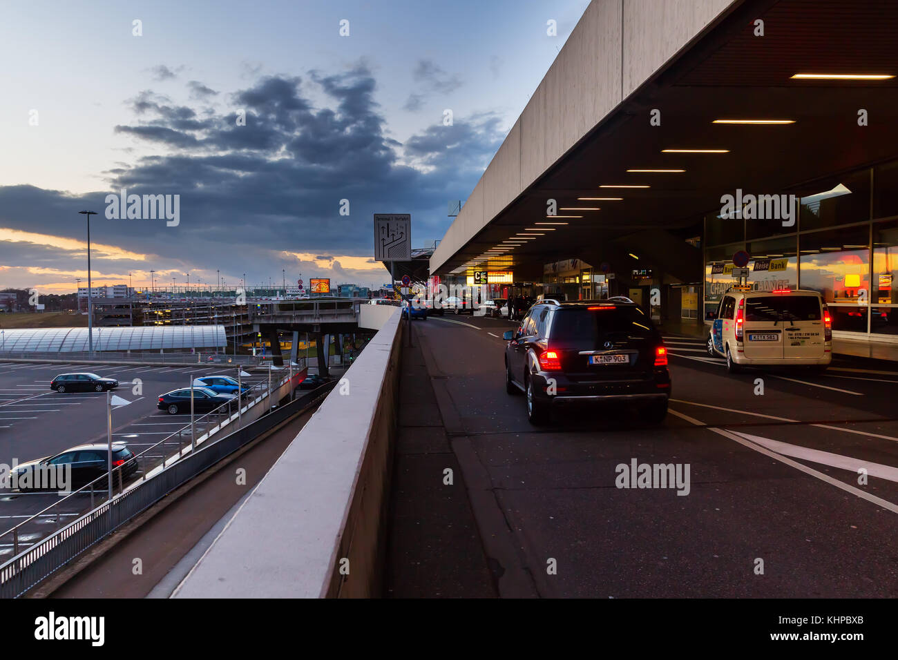 Cologne, Germany - February 24, 2017: sunset view of the Cologne Bonn Airport, that is the international airport of Germany's 4th-largest city Cologne Stock Photo