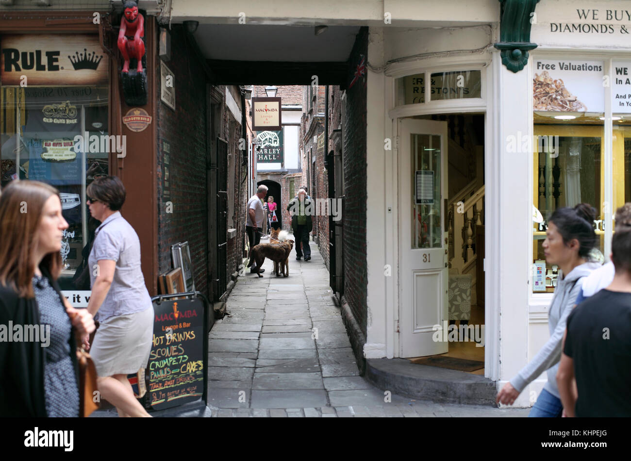 The Stonegate end of coffee Yard (formerly Langton Lane),  a 'snickelway' in York city centre. Stock Photo