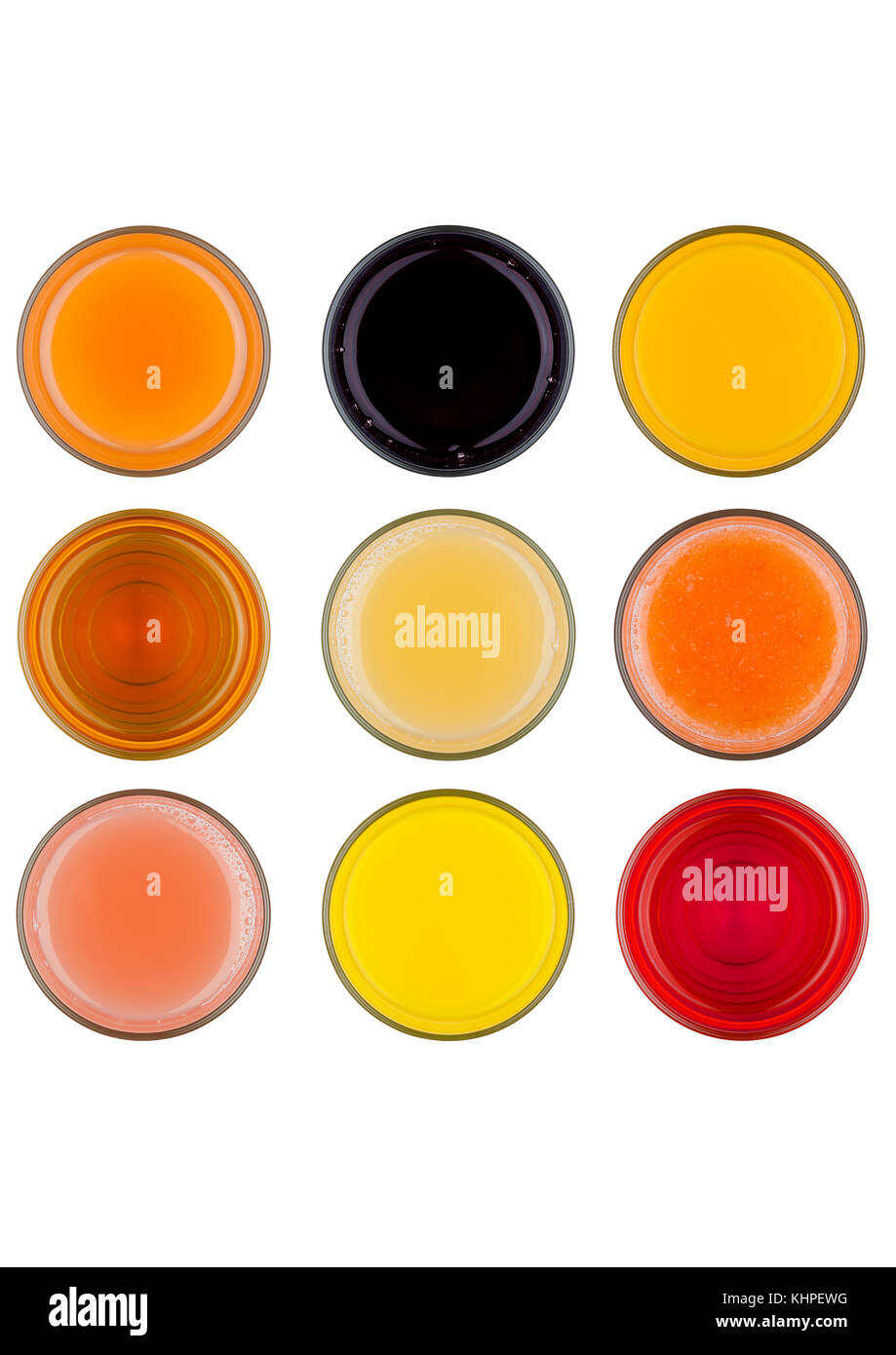 Fresh organic juice glasses top view mix on white background Stock