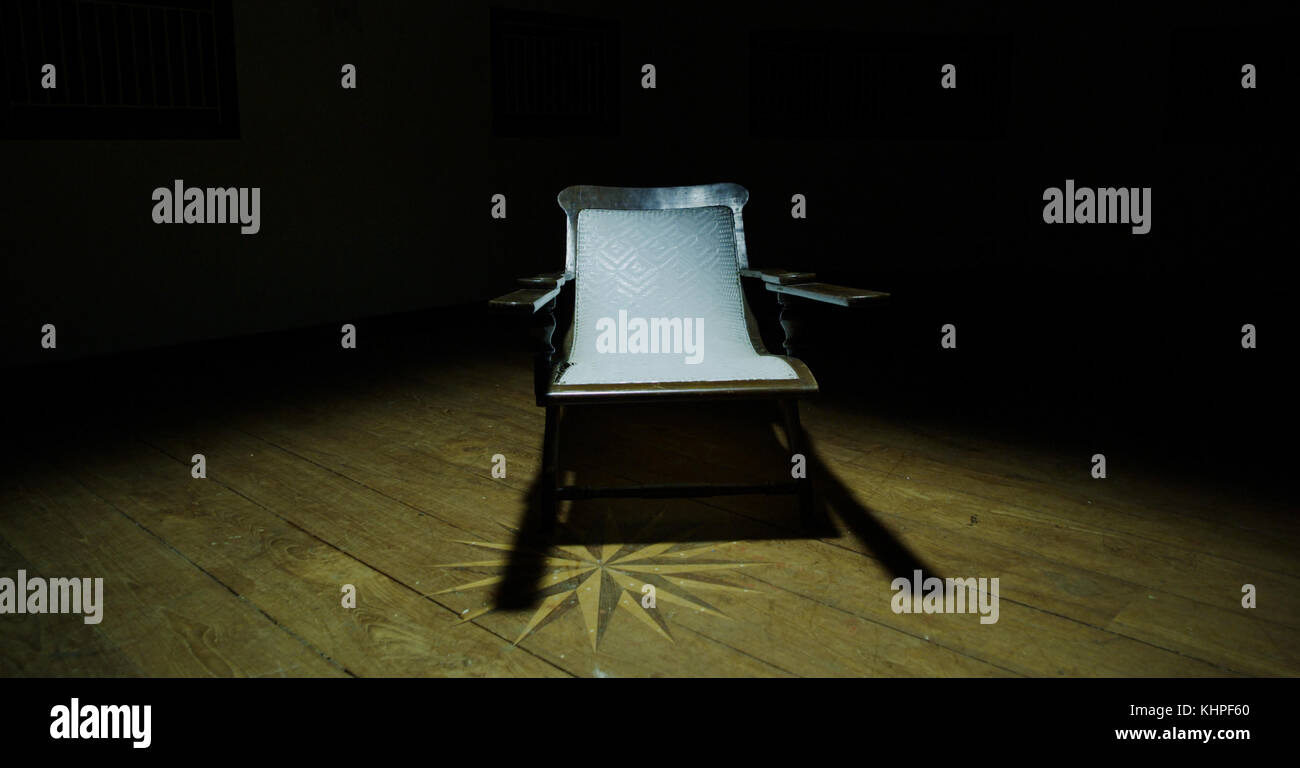 one wooden old retro chair in the dark room, Dark room in the abandoned