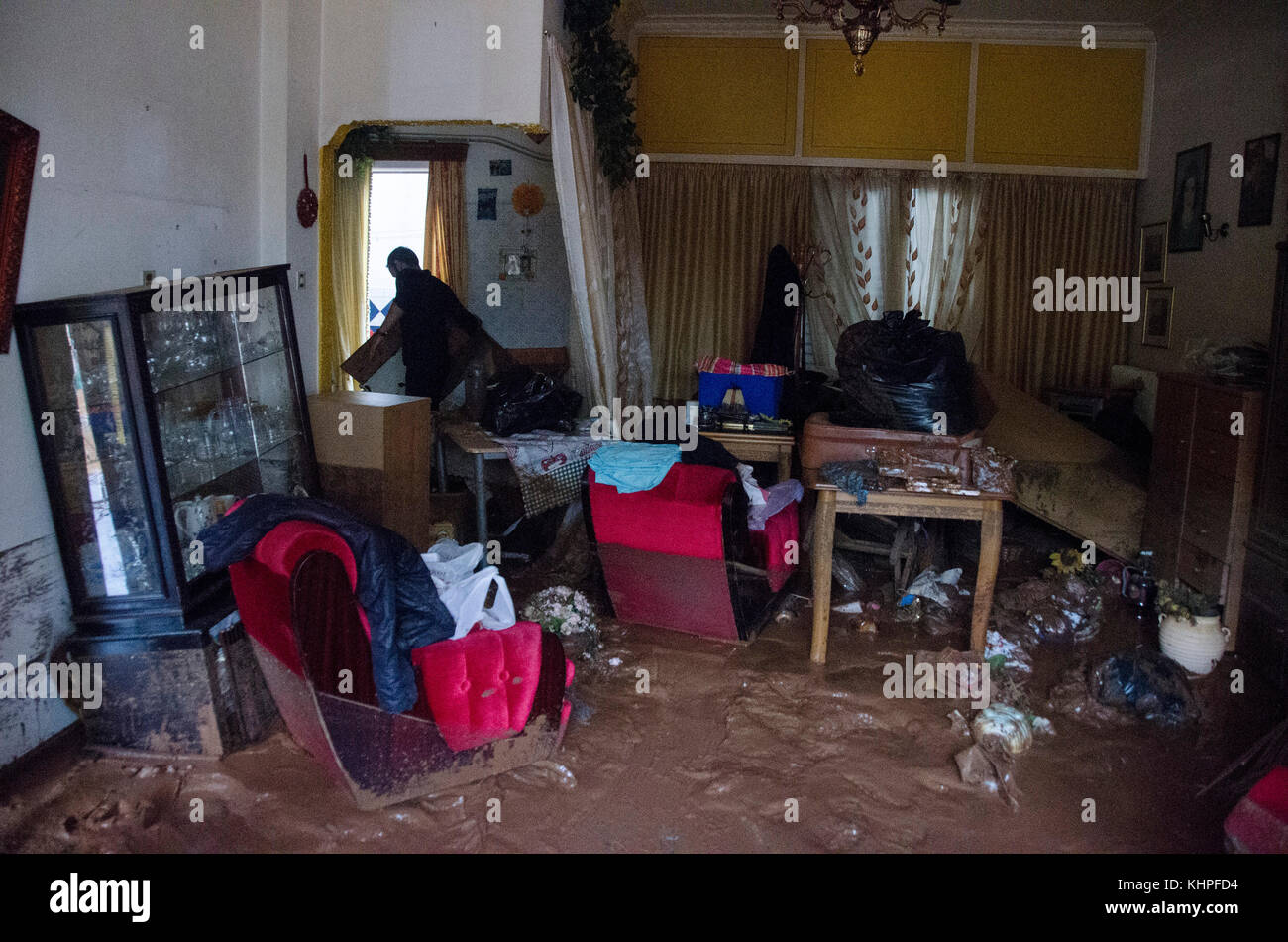 Mandra, Greece. 18th Nov, 2017. The interior of a flooded house in the  Madra city. A flash flood in near the city of Mandra resulted in 17  confirmed deaths and many more