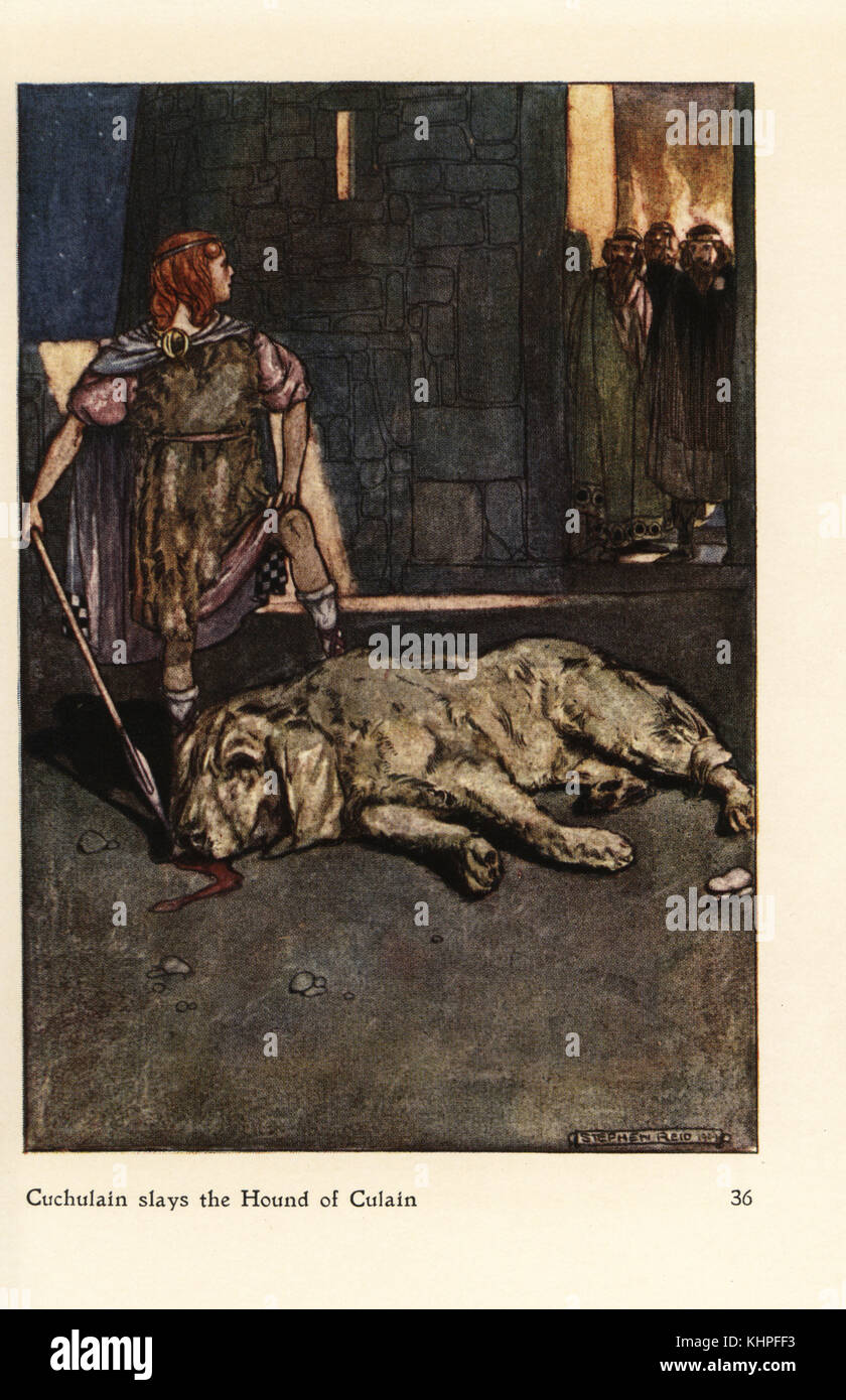 Cuchulain slays the Hound of Culain. Chromolithograph after an illustration by Stephen Reid from Eleanor Hull's Cuchulain The Hound of Ulster, Harrap, London, 1909. Stock Photo