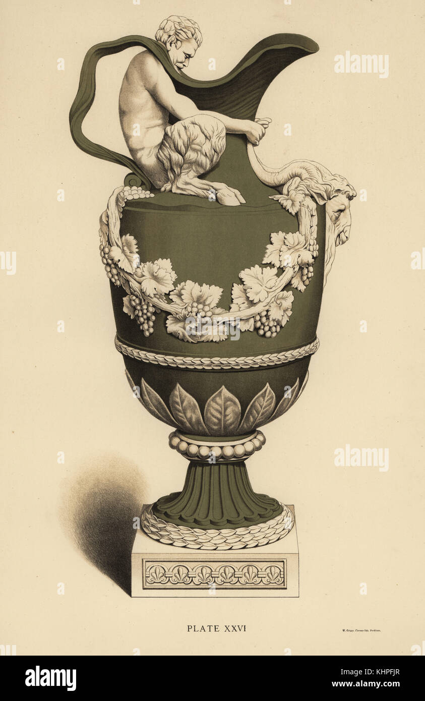 John Flaxman's wine vase decorated with grape foliage, and a satyr grasping a ram's head. Chromolithograph W. Griggs from Frederick Rathbone's Old Wedgwood, the Decorative or Artistic Ceramic Work Produced by Josiah Wedgwood, Quaritch, London, 1898. Stock Photo