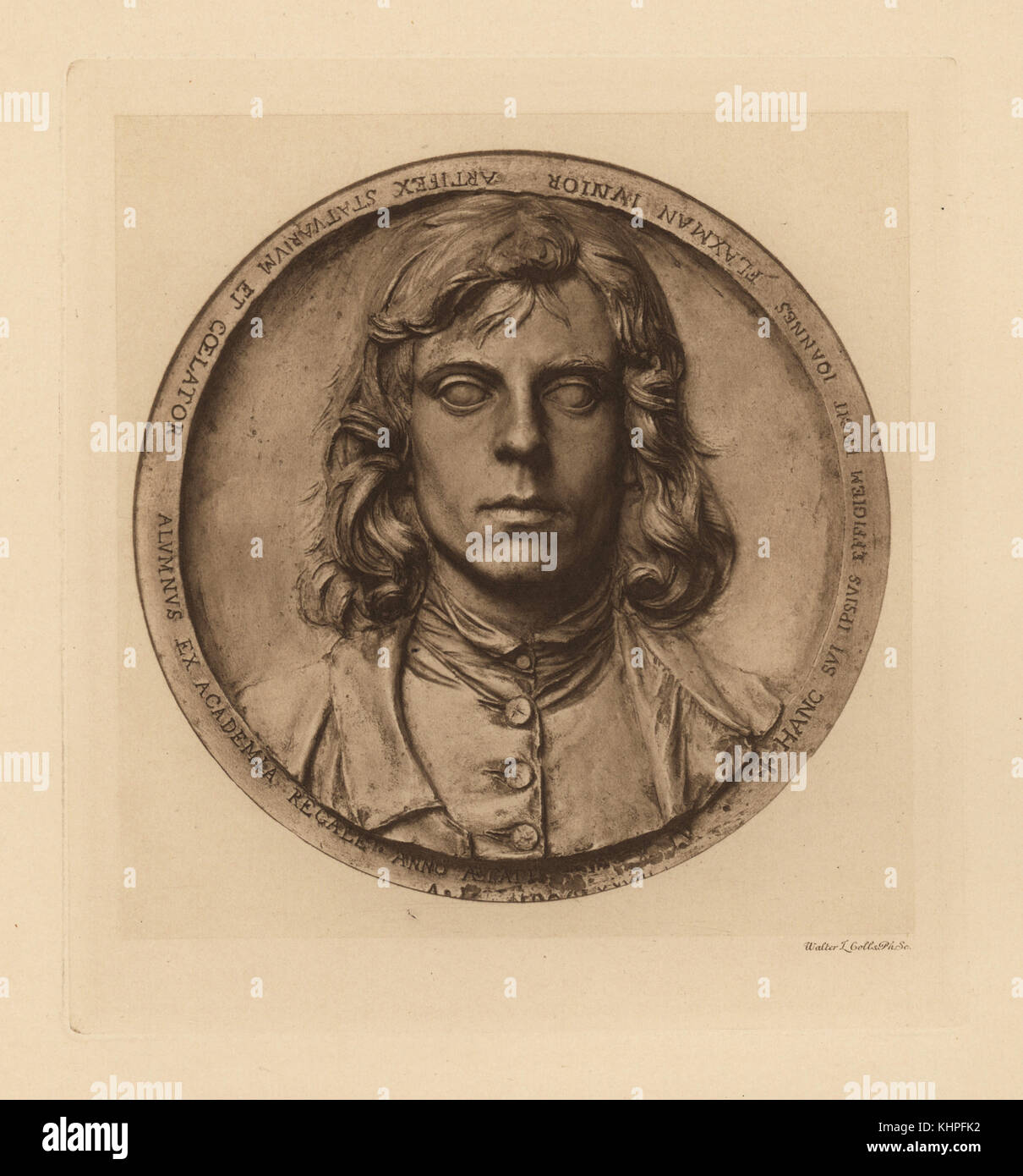 Self-portrait of John Flaxman in terracotta. Engraving by Walter L. Colls from Frederick Rathbone's Old Wedgwood, the Decorative or Artistic Ceramic Work Produced by Josiah Wedgwood, Quaritch, London, 1898. Stock Photo