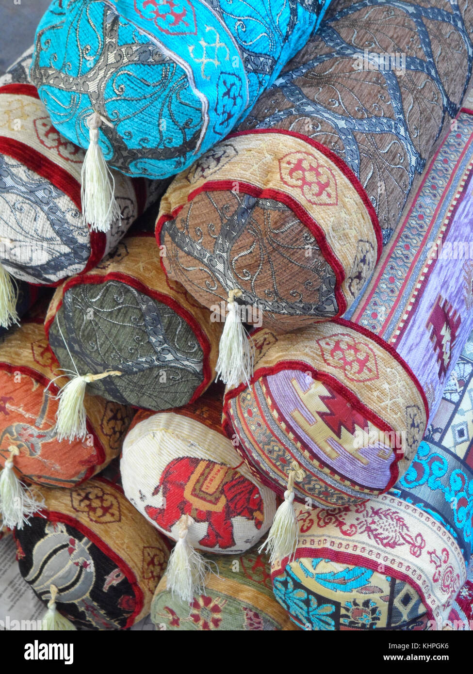 A pile of Turkish pillows on sale in the Grand Bazaar, Marmaris, Mugla province, Turkey Stock