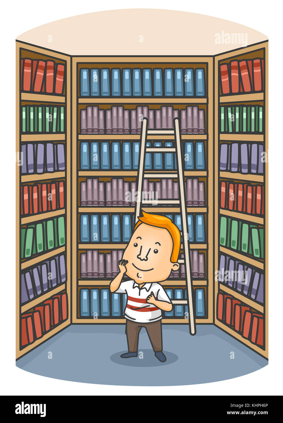 Illustration of a Man Surrounded by a Large Selection of Books Trying to Choose One to Read Stock Photo