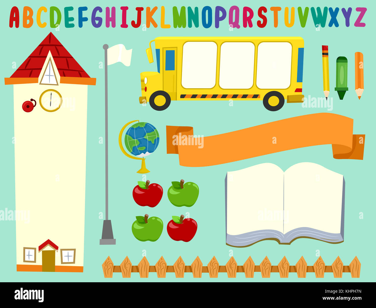 Bulletin Board Printable Featuring the Illustration of a School, a Bus