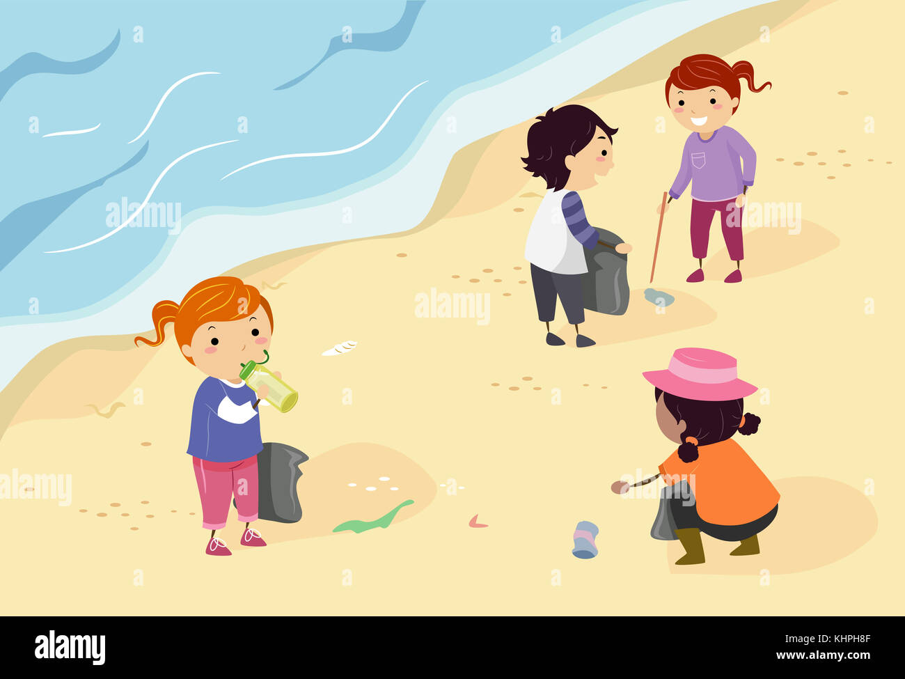 Stickman Illustration of a Group of Preschool Kids Picking Up Trash