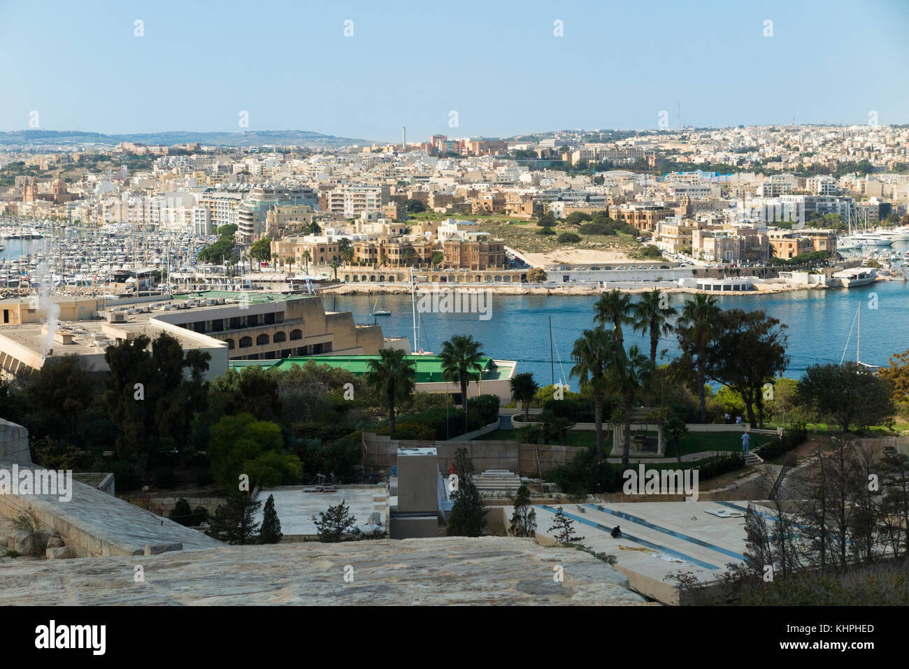 Looking over the Great Siege Road, Valletta, & Marsamxett Harbour, to Ta' Xbiex in the distance, centre of photograph, from Valletta, Malta. (91). Stock Photo