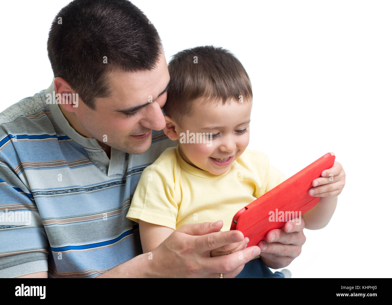 Closeup of kid boy sitting with father and using mobile phone isolated on white background Stock Photo