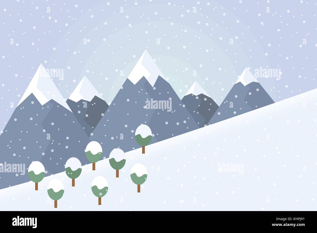 Flat design illustration of winter mountain landscape with trees and snow - vector Stock Vector