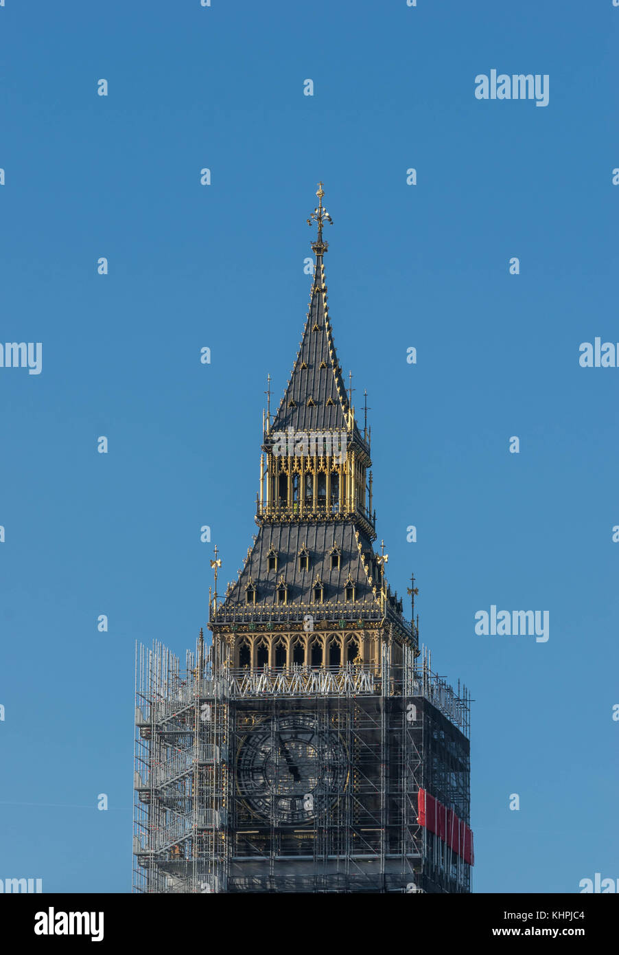 LONDON, UK - October 17th, 2017: close up of Scaffolding around the Elizabeth Tower, more commonly known as Big Ben, during the extensive restoration and repairs of the Houses of Parliament. Stock Photo