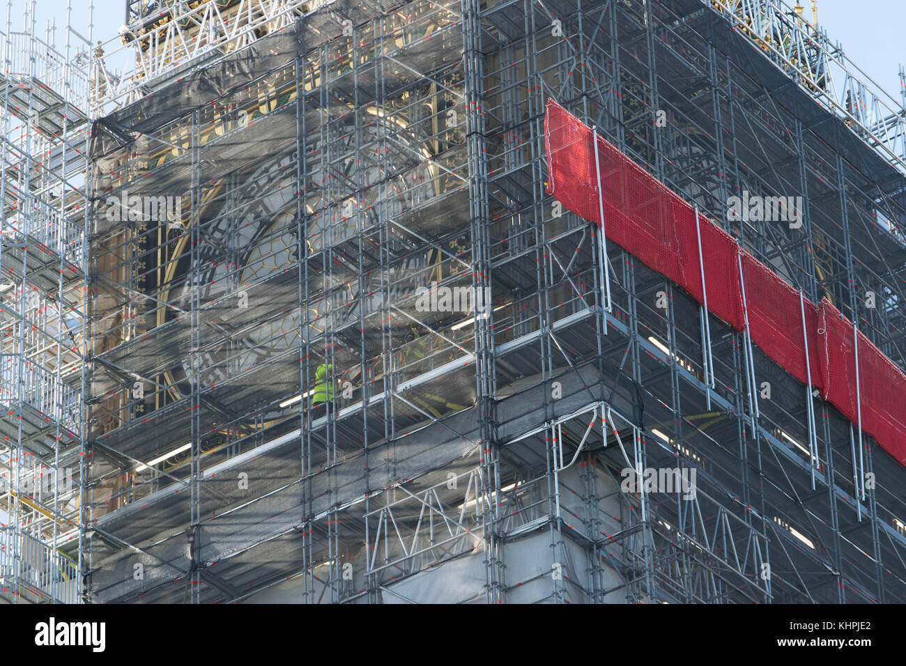 LONDON, UK - October 17th, 2017: close up of Scaffolding around the Elizabeth Tower, more commonly known as Big Ben, during the extensive restoration and repairs of the Houses of Parliament. Stock Photo