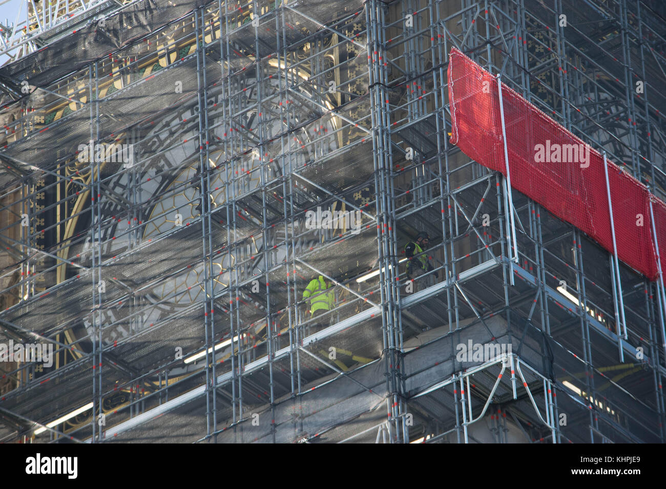 LONDON, UK - October 17th, 2017: close up of Scaffolding around the Elizabeth Tower, more commonly known as Big Ben, during the extensive restoration and repairs of the Houses of Parliament. Stock Photo