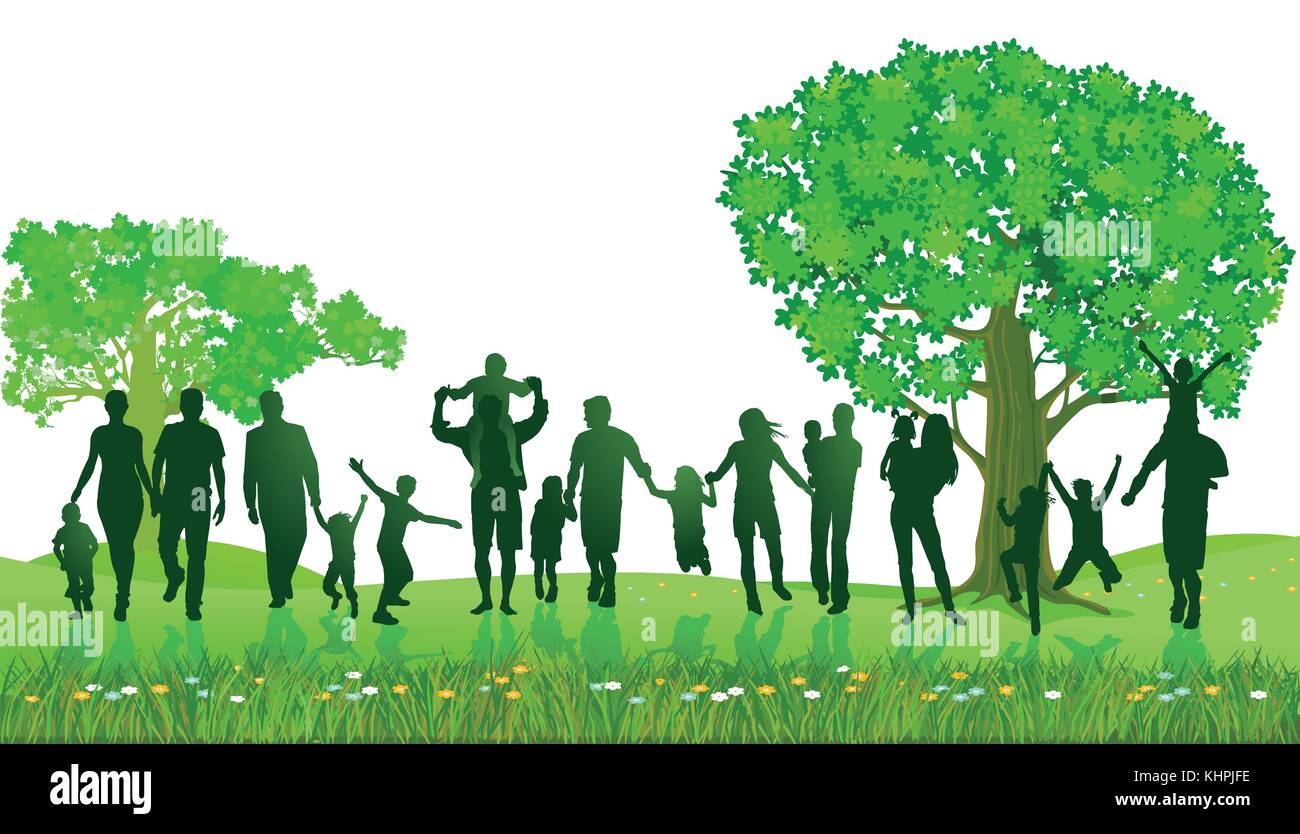 Cheerful families together in the park, illustration Stock Vector
