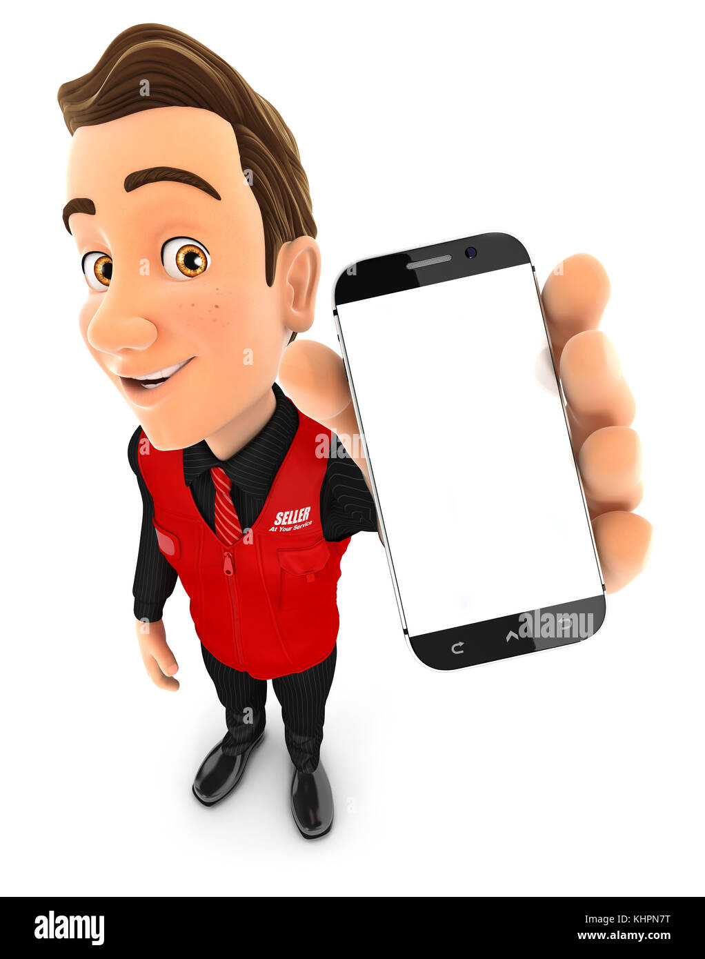 3d seller holding smartphone, illustration with isolated white background Stock Photo