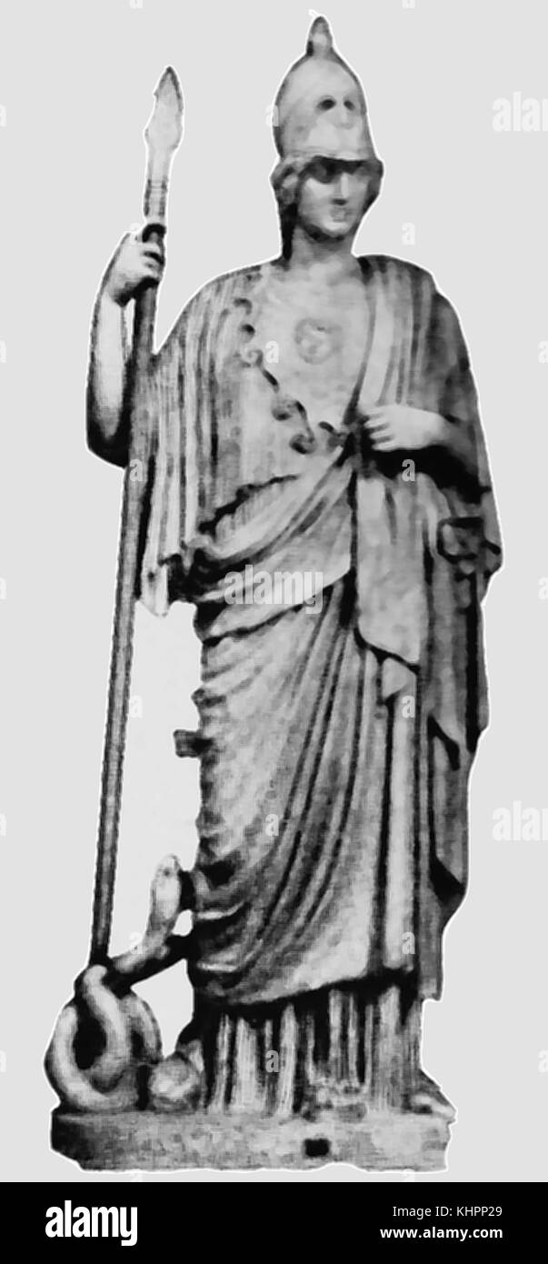 A 1920's image of a reproduction bronze statue of Athena, Goddess of wisdom, craft and war (named Pallas, Polias and Poliouchos, represented in Roman mythology as Minerva and as the war goddess Athena Promachos (the virgin ). Credited with creating the first olive tree.In Symbolism she is represented by owls, olive trees, snakes, aegis, (shield), armour, helmets, spears, Gorgon amulets. Stock Photo