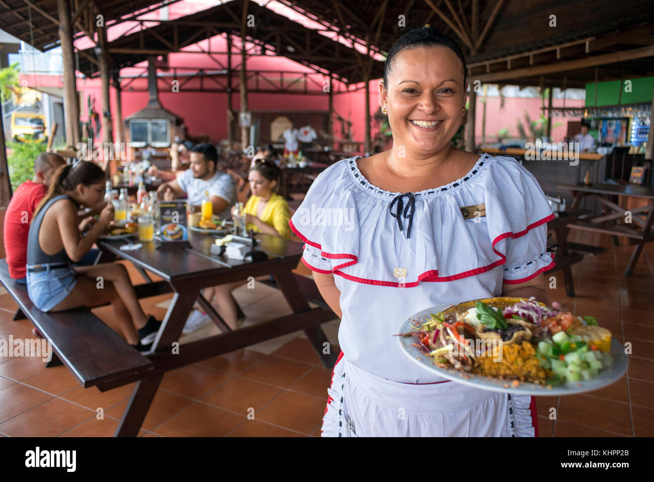 Local food casado dish in a local restaurant in La Fortuna village, Alajuela province, Costa Rica, Central America Stock Photo