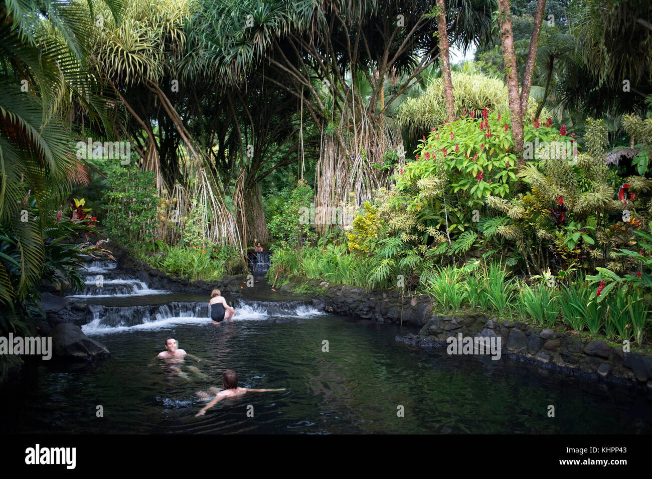 Hot springs from the Arenel Vocano at the Tabacón Grand Spa, Costa Rica. Visitors enjoys one of