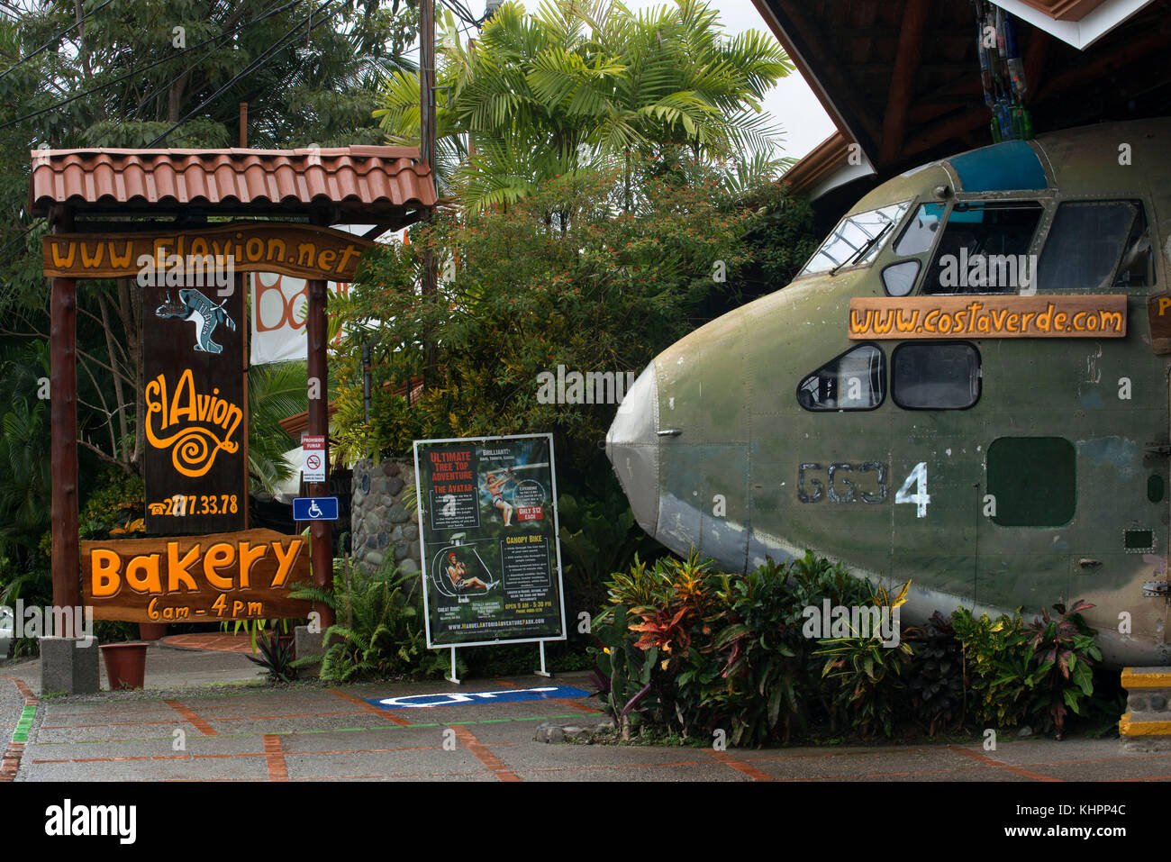 The Fairchild C130 aircraft at the El Avion restaurant in Manuel Antonio, Costa Rica. El Avion, Quepos, Bar and Restaurant Stock Photo